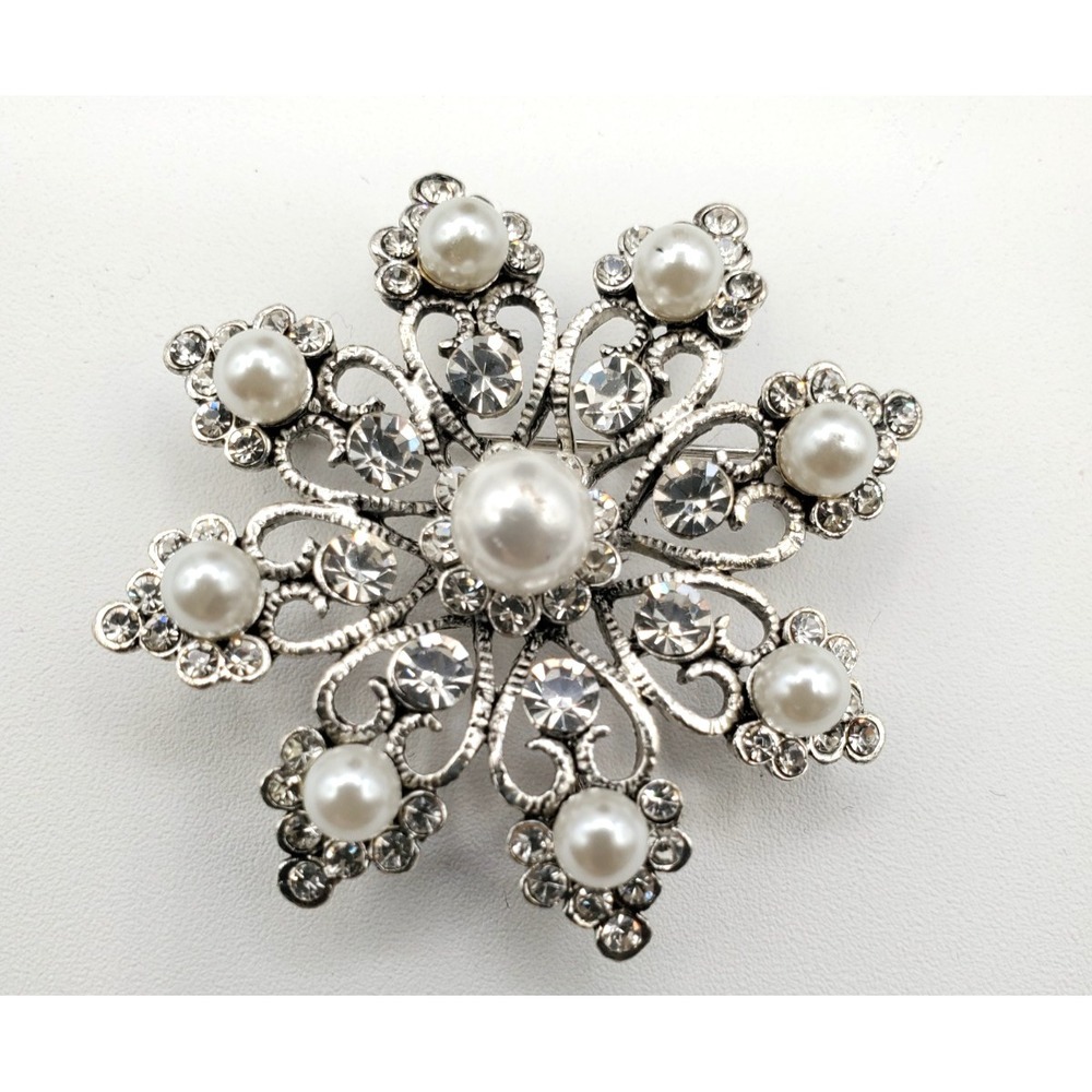 Vintage Silver Tone and Rhinestone Faux Pearls Snowflake Pendant Pin Brooch